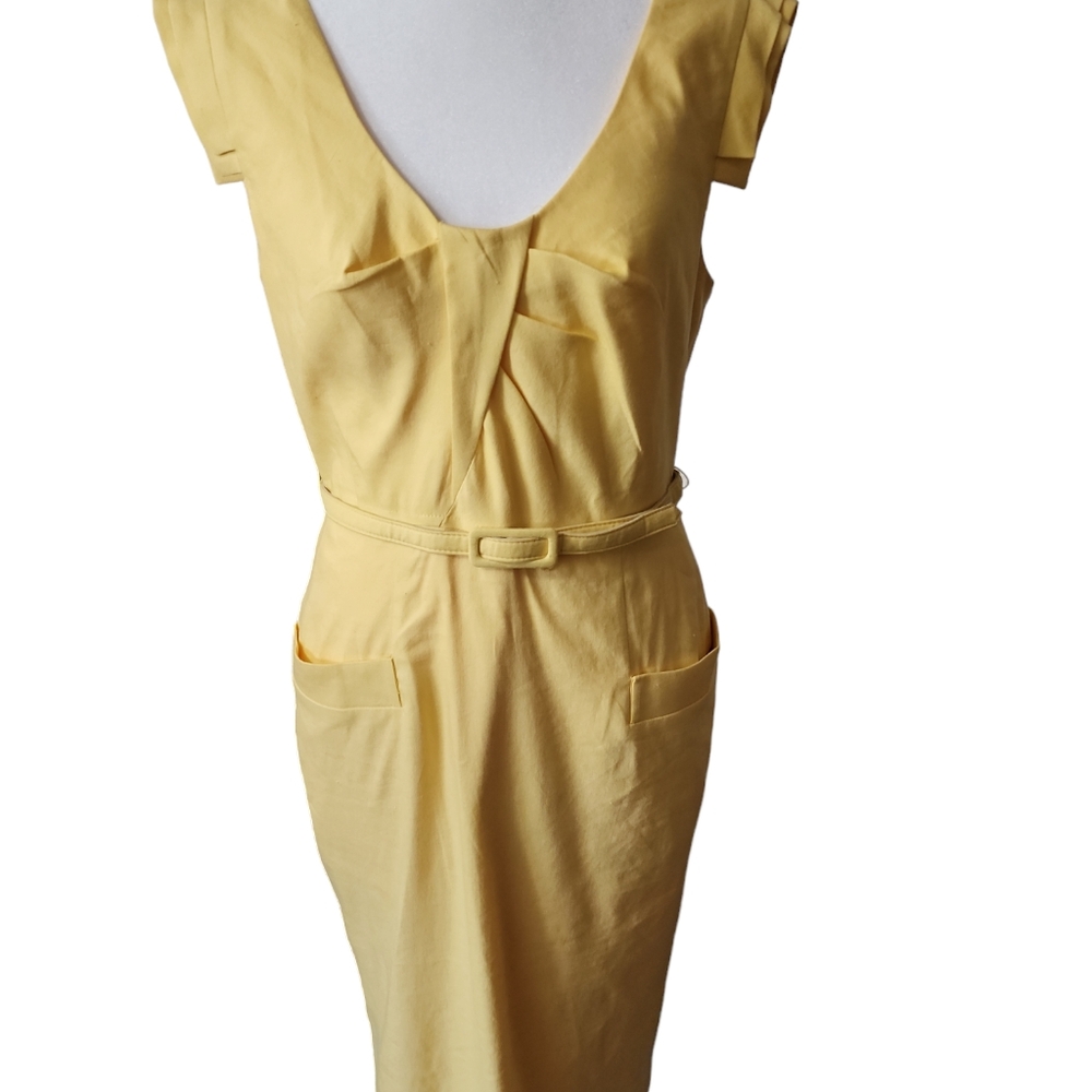 Adrianna Papell 6 Yellow Belted Linen Blend Sheath Quiet Luxury classic Dress